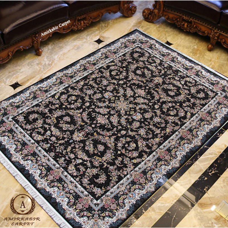 فرش ۱۲۰۰ شانه طرح گل گندم سرمه ای