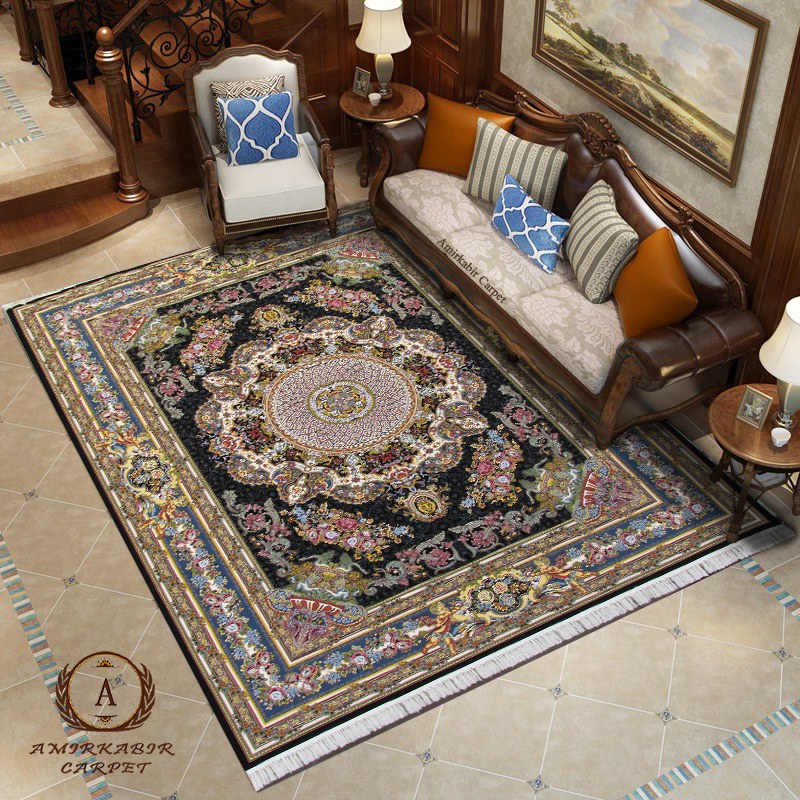 فرش ماشینی 1200 شانه طرح فرشته سرمه ای