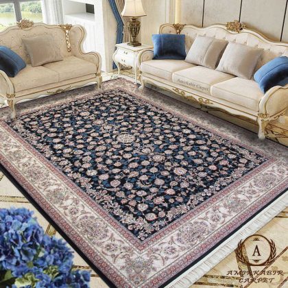 فرش افشان شاهانه سرمه ای ۱۲۰۰ شانه گل برجسته