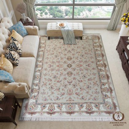 فرش ماشینی 1200 شانه تراکم 3600 برجسته طرح ارغوان کرم