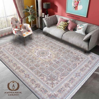 فرش ماشینی 1200 شانه برجسته طرح یزدان نقره‌ای