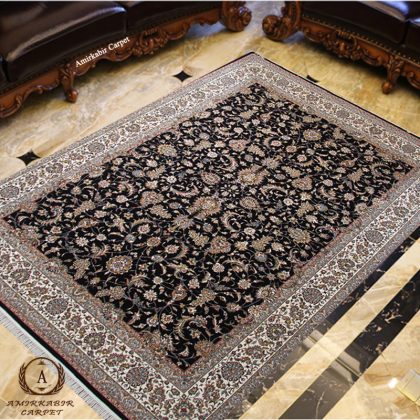 فرش طرح زرافشان سرمه ای 700 شانه 2550 تراکم