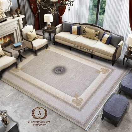 فرش طرح نسترن طوسی برجسته حاشیه طوسی لایت 1200 شانه