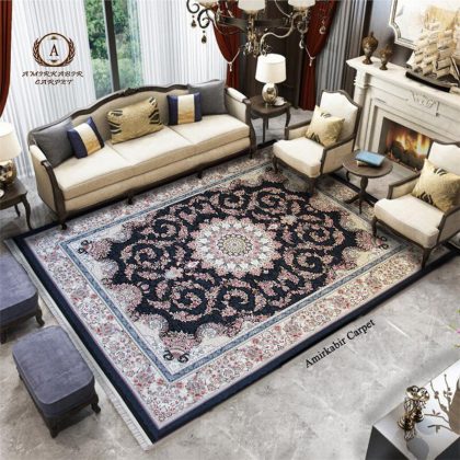 فرش گل گندم ترنج سرمه ای برجسته 1200 شانه