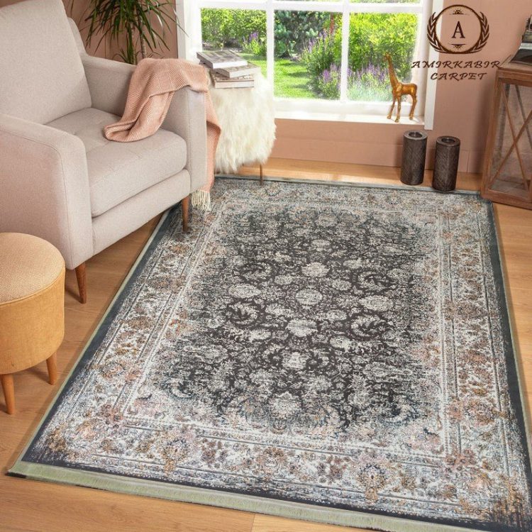 فرش ۱۲۰۰ شانه وینتیج طرح ونیز ذغالی گل برجسته