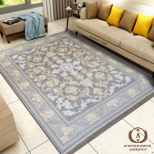 فرش ماشینی طلاکوب طرح بهارا طوسی