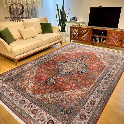 فرش وینتیج طرح هریس لاکی حاشیه کرم