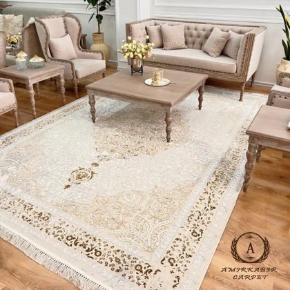 فرش ماهور طرح سروین کرم طلایی