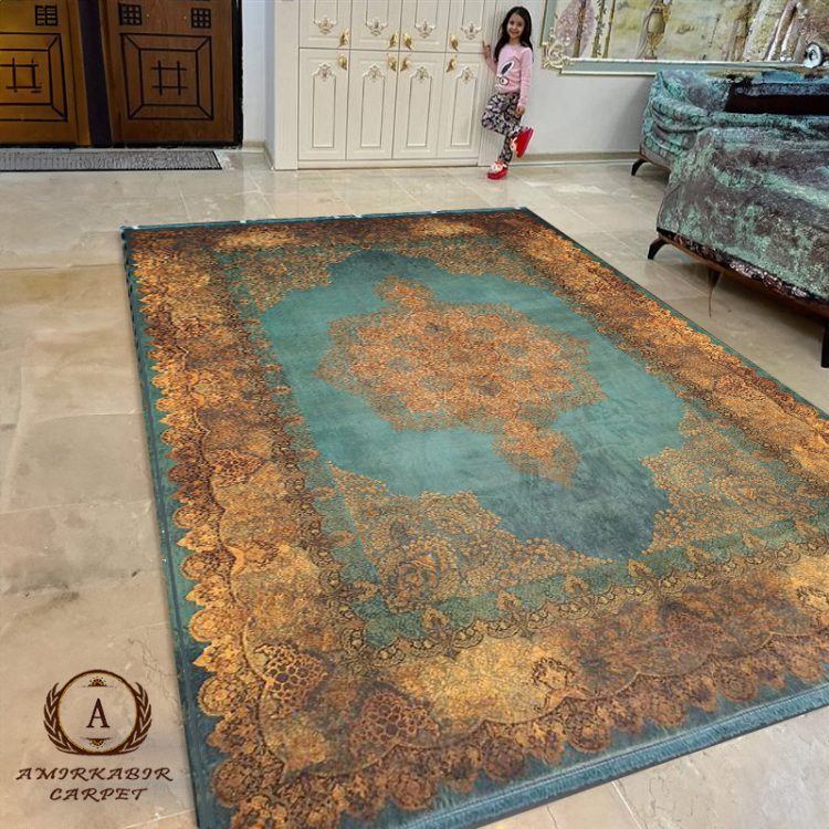 فرش طرح دستباف کد 809025 سبز آبی