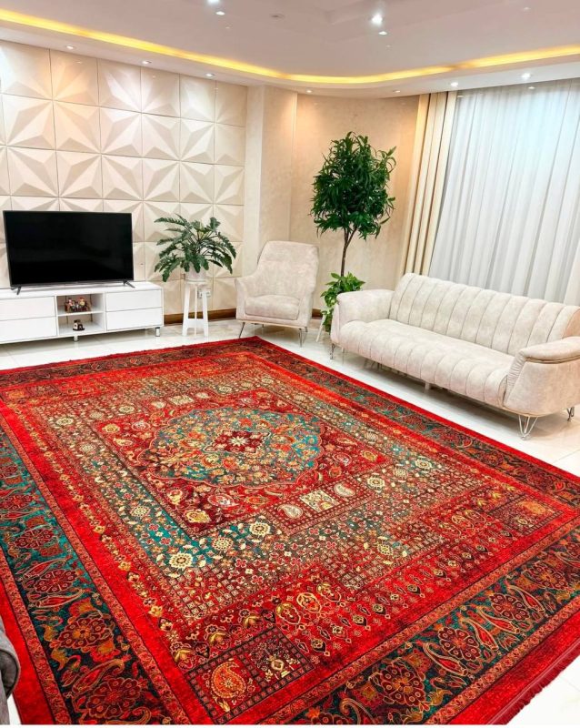 ست فرش قرمز با مبل کرم با طرح هلنا