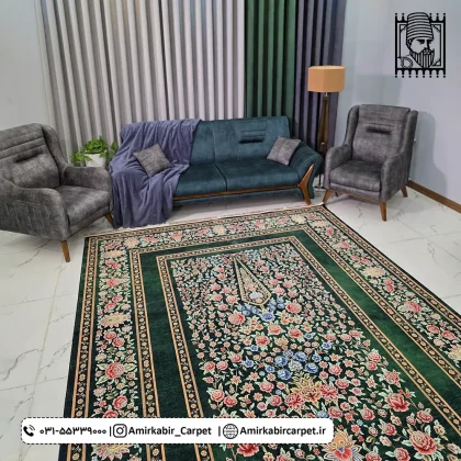 فرش طرح باغ گل سبز معادل 77 رج دستباف