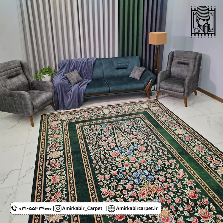 فرش طرح باغ گل سبز معادل 77 رج دستباف