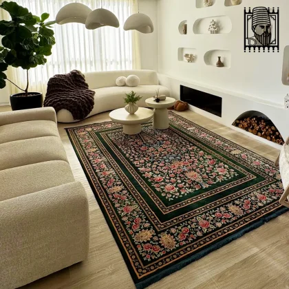 فرش باغ گل سبز کد 2050290 طرح دستباف