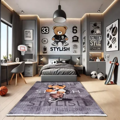 فرش کودک طرح خرس استایلیست کد 25KM0090 طوسی 700 شانه