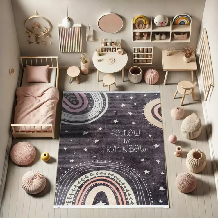 فرش کودک رنگین کمان کد 25KM0120 دودی 700 شانه