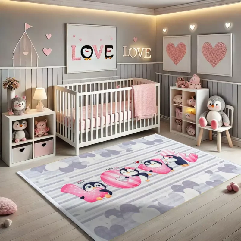 فرش کودک طرح پنگوئنهای عاشق کد 25KM0140