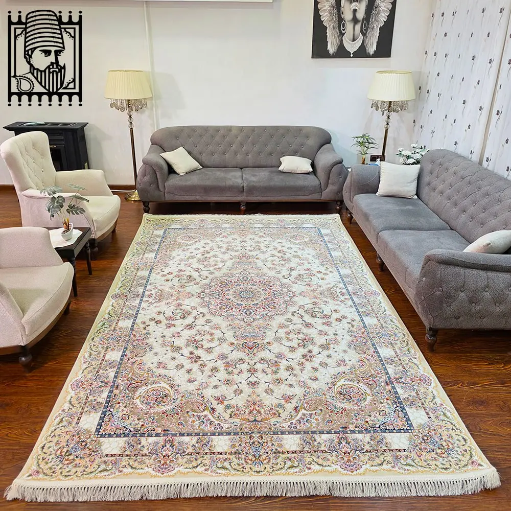 فرش ١٢٠٠ شانه طرح لارا کرم حاشیه کرم فرش ١٢٠٠ شانه طرح لارا کرم حاشیه کرم